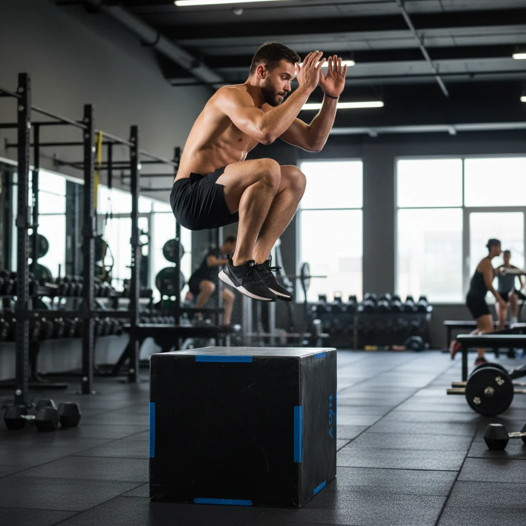 Atleta realizando salto em caixa (box jump) para treino de pliometria.