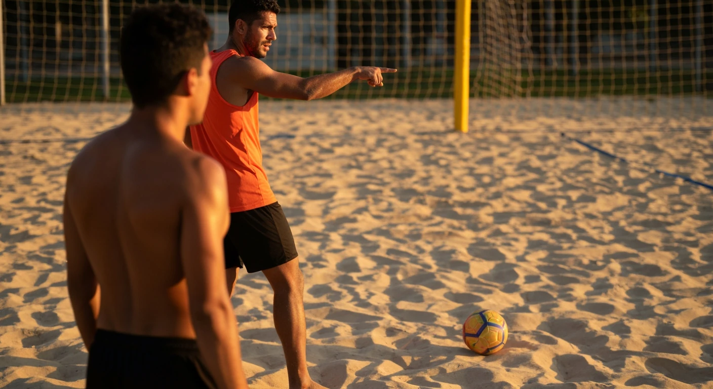 Dupla de futevôlei em quadra de areia ao entardecer, com um jogador gesticulando e o outro observando atentamente, ilustrando a comunicação e estratégia no jogo.