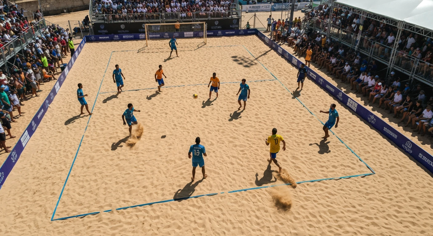 Cena aérea de um torneio internacional de futevôlei na praia, com atletas globais em quadra e uma multidão vibrante observando sob o sol forte, destacando a ascensão mundial do esporte.