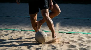 Fotografia profissional de um jogador de futevôlei controlando a bola com precisão na areia, com iluminação dramática destacando a ação e detalhes da quadra.