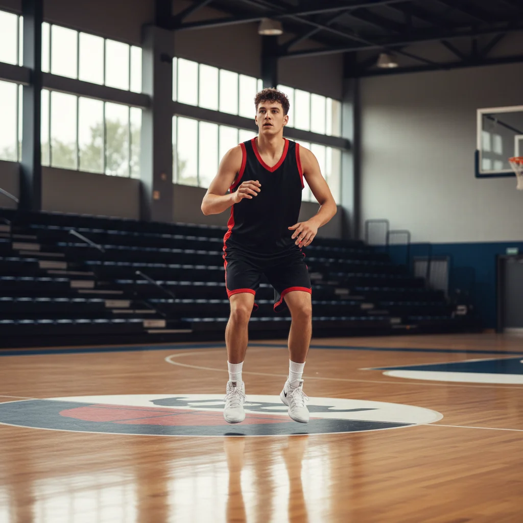 Jogador de basquete aterrissando corretamente após um salto, com joelhos flexionados.