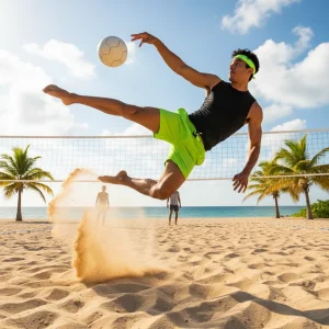 Jogador de futevôlei realizando um saque potente em quadra de areia.