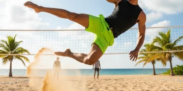 Jogador de futevôlei realizando um saque potente em quadra de areia.