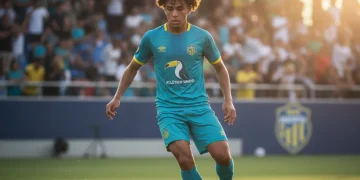 Jovem jogador de futebol brasileiro sub-20 em treino, demonstrando habilidade e potencial no campo.