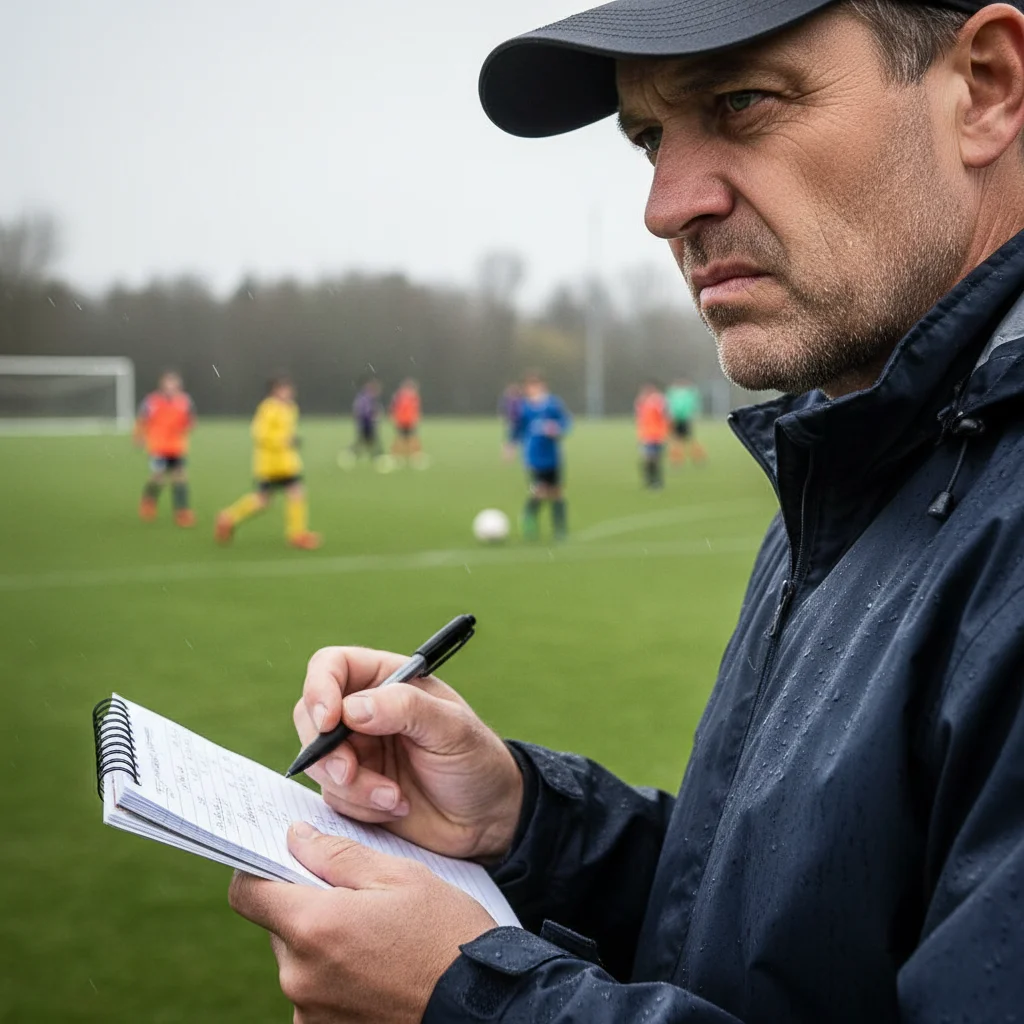 Olheiro de futebol profissional avaliando jovens talentos durante uma partida da base.