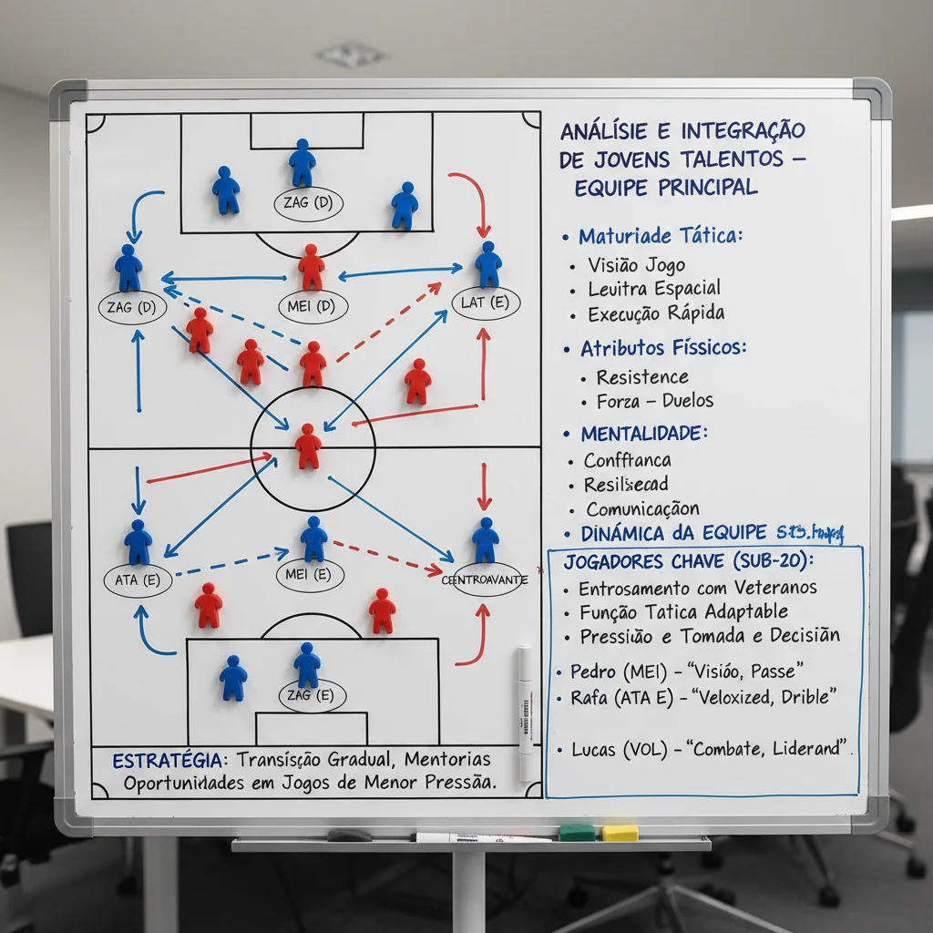 Quadro tático de futebol com anotações sobre formação e estratégias para desenvolvimento de jovens atletas.