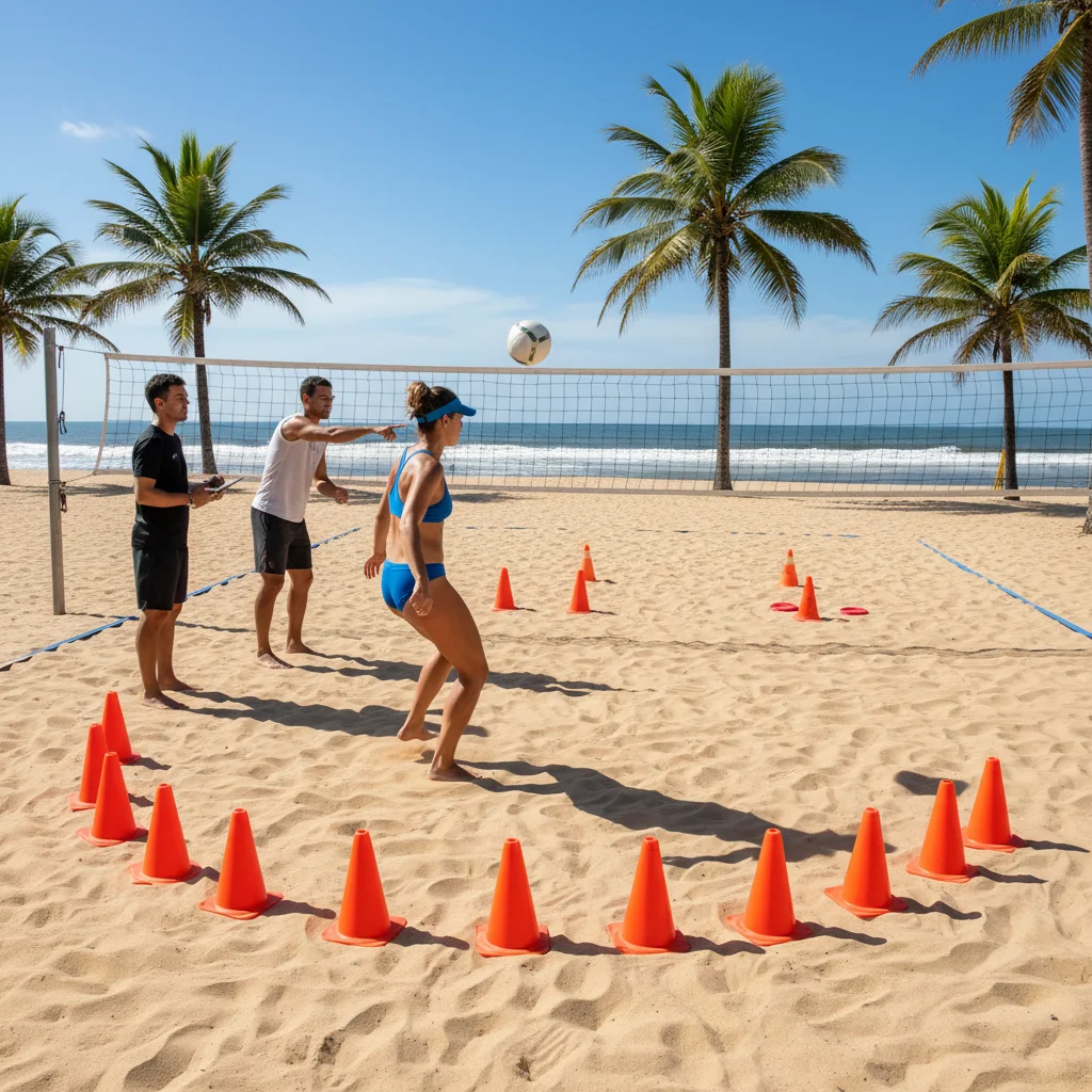 Jogadores de futevôlei treinando saques com cones e recebendo orientação em quadra de areia.