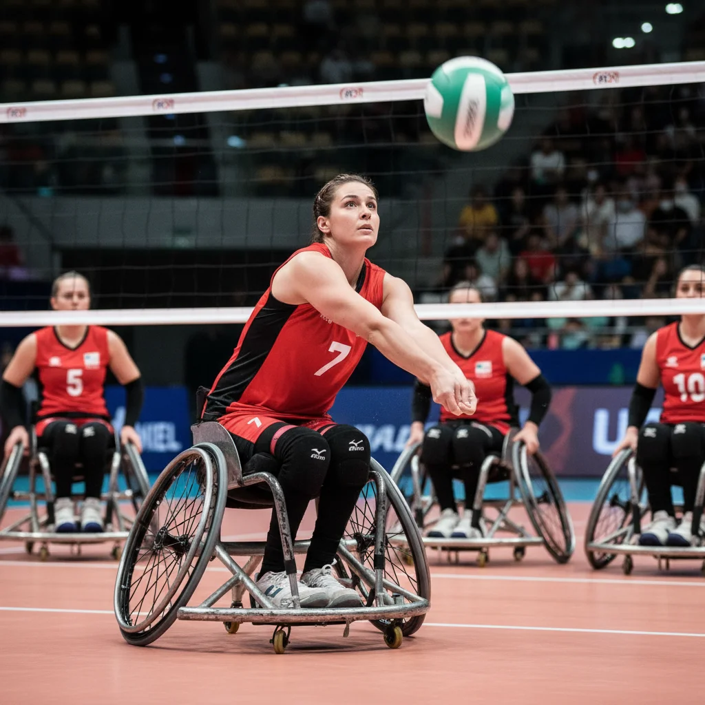 Atleta em cadeira de rodas realizando um saque preciso durante uma partida de vôlei adaptado, exibindo técnica e determinação.