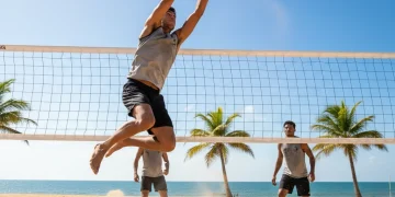 Jogador de futevôlei realizando um bloqueio potente na rede, com foco e técnica apurada.