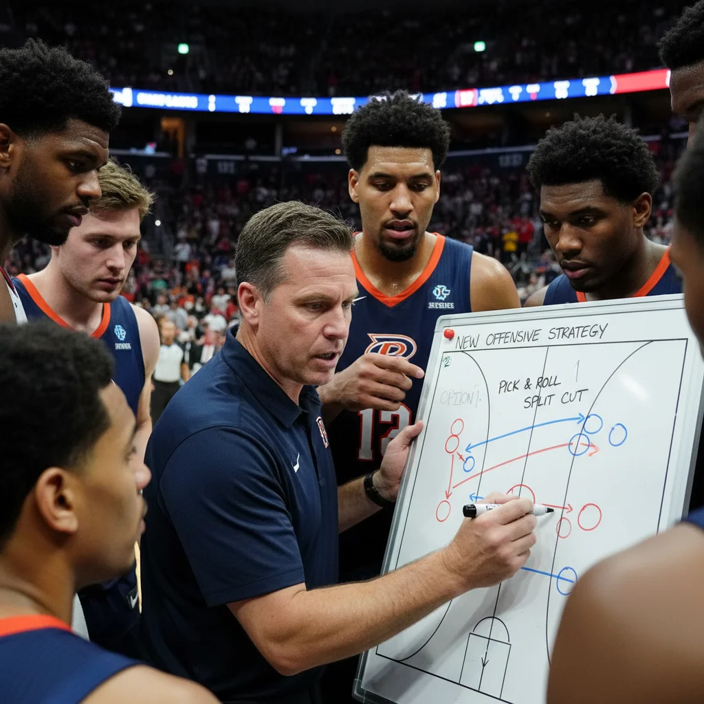 Treinador de basquete da NBB desenhando uma nova estratégia de pick-and-roll em uma prancheta para seus jogadores.