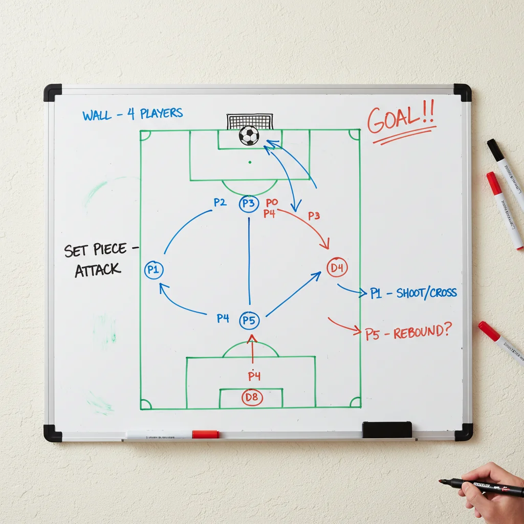Diagrama tático em quadro branco com estratégias de posicionamento e movimentação para cobranças de falta no futebol.