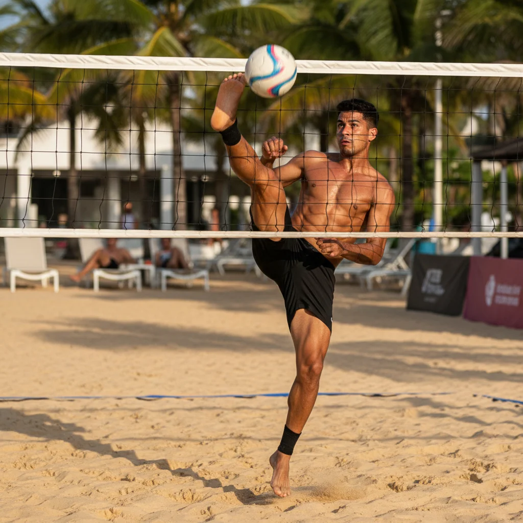 Jogador de futevôlei realizando ataque de tubarão na rede.