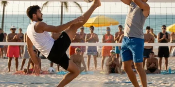 Dupla de futevôlei em ação, jogador realizando bicicleta na areia.