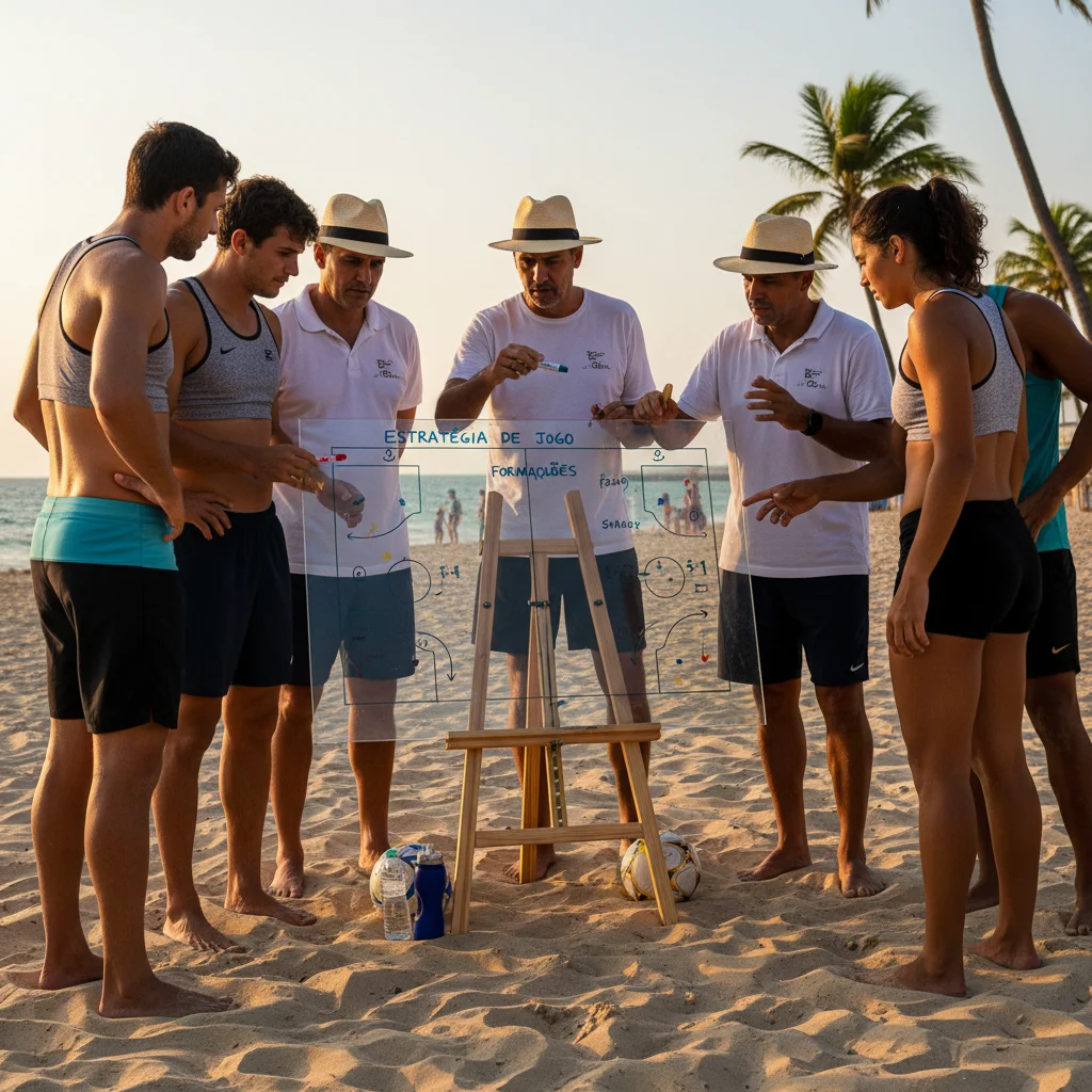 Treinadores e atletas de futevôlei discutindo táticas em um quadro estratégico na praia.