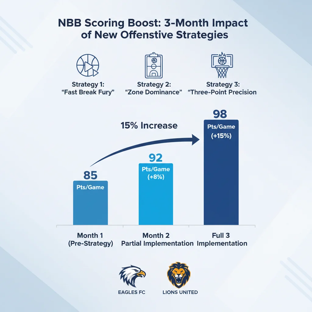 Gráfico de barras mostrando o aumento de 15% na pontuação da NBB nos últimos três meses, com destaque para o impacto das novas estratégias.