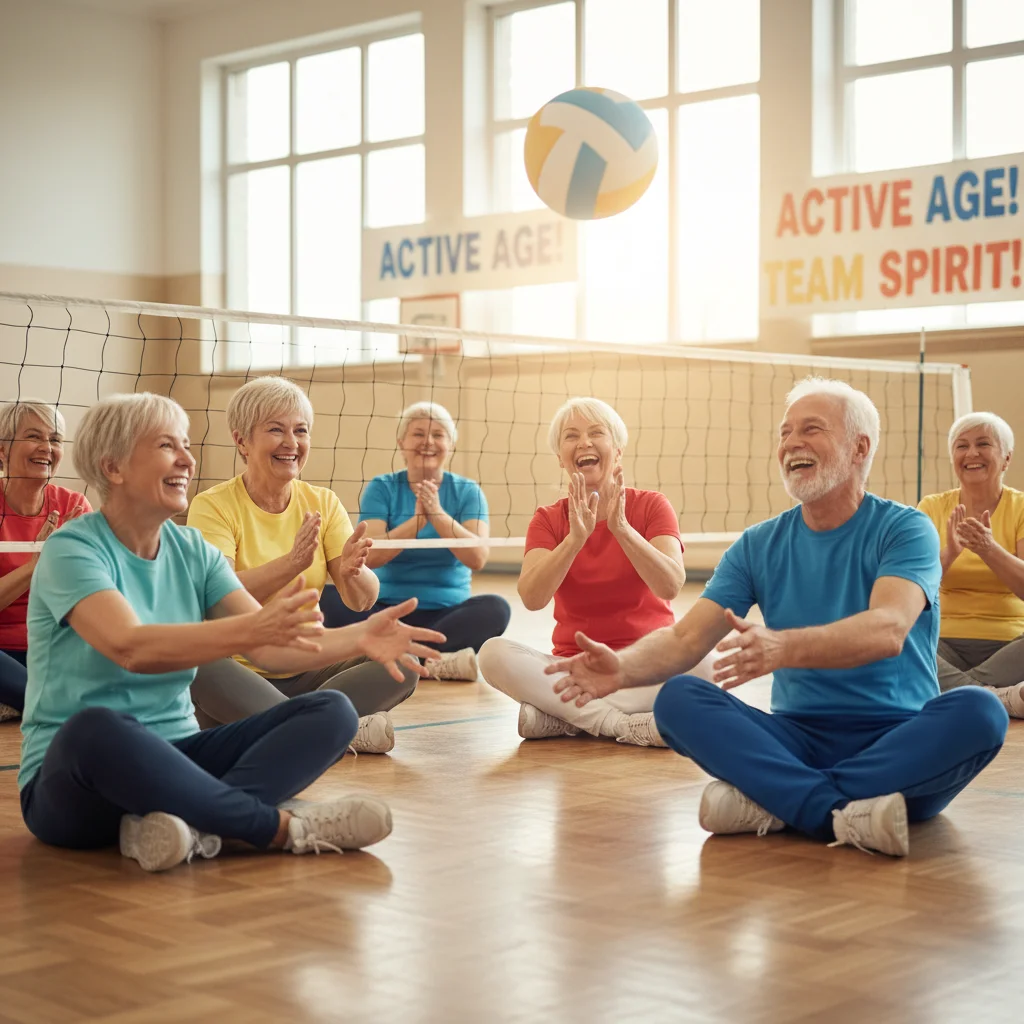 Grupo de idosos sorrindo e participando ativamente de uma partida de vôlei sentado, evidenciando o aspecto social e os benefícios para a terceira idade.