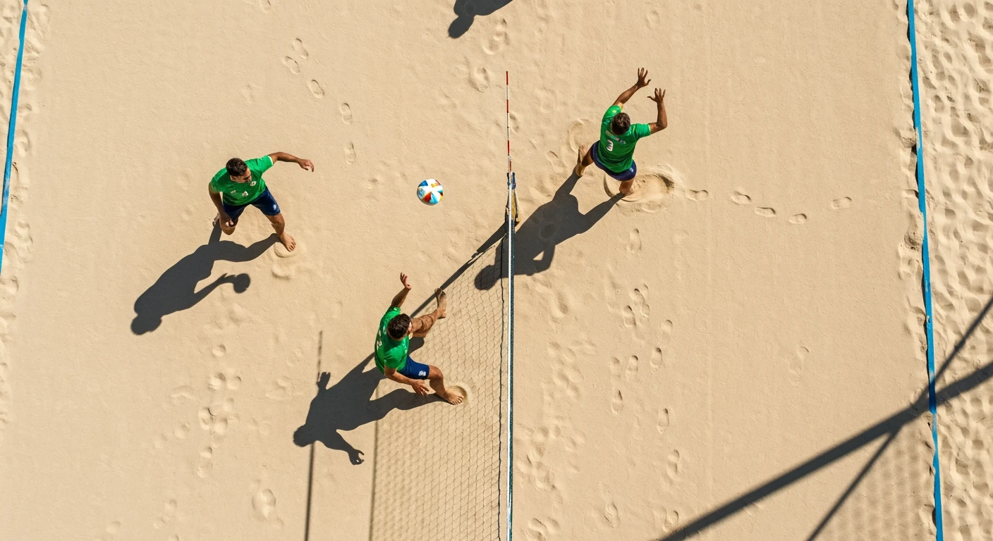 Vista aérea de drone capturando dois jogadores de futevôlei em quadra de areia, demonstrando posicionamento dinâmico e cobertura estratégica durante uma jogada, com padrões geométricos de sombra.
