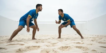 Dois jogadores de futevôlei masculinos em posicionamento defensivo estratégico na areia, demonstrando comunicação visual e tática em quadra.