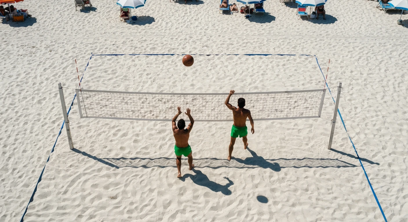 Vista aérea de uma partida de futevôlei na praia de Copacabana nos anos 60, com dois jogadores em ação, rede improvisada e areia quente.