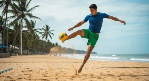 Futevôlei: Dominando a Areia – Estratégias e Treinamento para o Jogo Moderno Jogador profissional de futevôlei saltando para uma jogada tática, com areia dourada e coqueiros ao fundo. A imagem captura a intensidade e a evolução tática do esporte na praia.