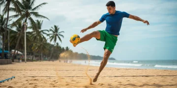 Jogador profissional de futevôlei saltando para uma jogada tática, com areia dourada e coqueiros ao fundo. A imagem captura a intensidade e a evolução tática do esporte na praia.