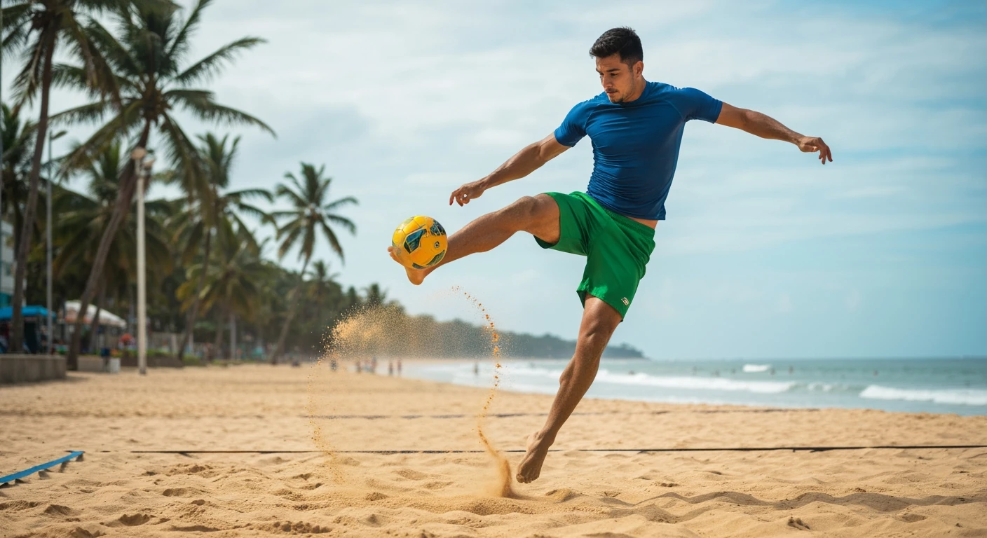 Jogador profissional de futevôlei saltando para uma jogada tática, com areia dourada e coqueiros ao fundo. A imagem captura a intensidade e a evolução tática do esporte na praia.