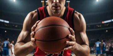 Jogador de basquete concentrado em um arremesso decisivo, simbolizando foco sob pressão.