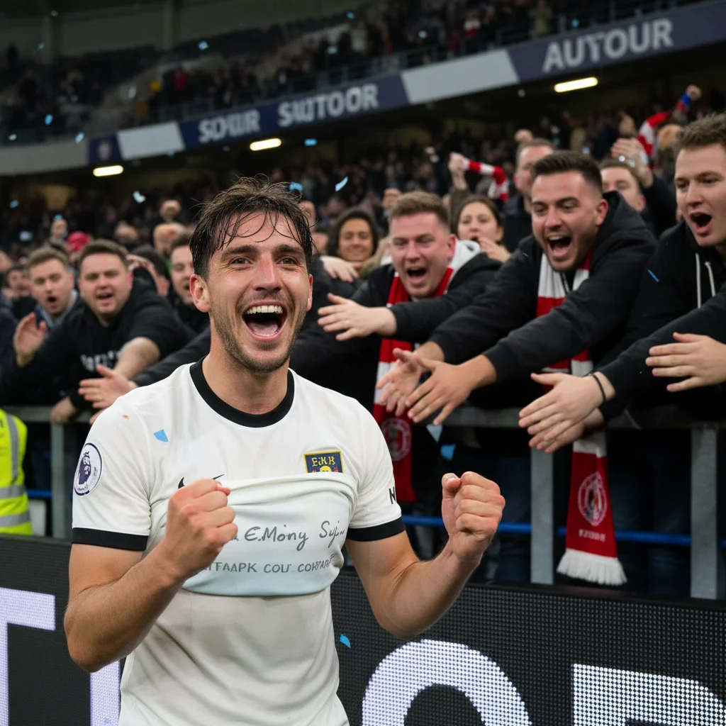 Jogador de futebol celebrando um gol em frente a uma seção da torcida, demonstrando a conexão emocional.