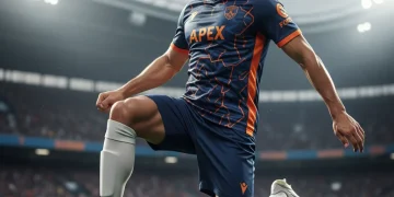 Jogador de futebol profissional em campo, demonstrando alta performance e foco, simbolizando a importância da nutrição esportiva.