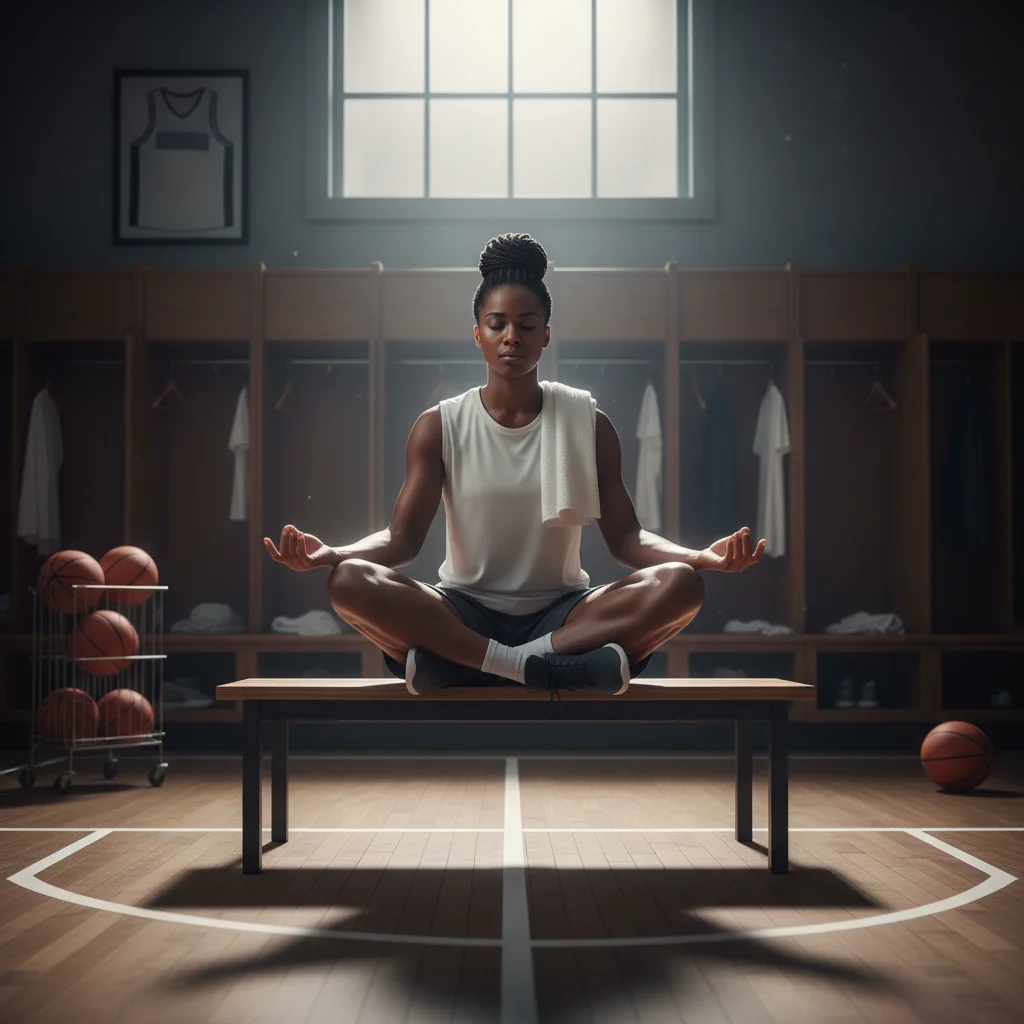 Jogador de basquete praticando mindfulness ou meditação antes de um jogo importante.