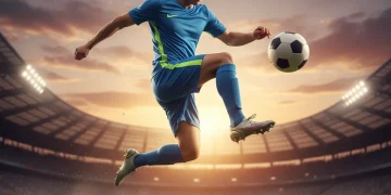 Jovem atleta em treinamento intenso, demonstrando agilidade e foco em campo verde.
