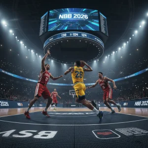 Jogadores de basquete da NBB em ação, executando uma estratégia ofensiva complexa em quadra.