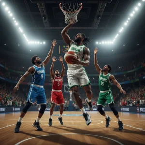 Pivô brasileiro em ação, mostrando força e agilidade na quadra de basquete.