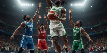 Pivô brasileiro em ação, mostrando força e agilidade na quadra de basquete.
