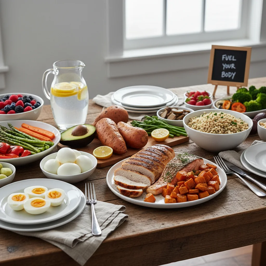 Variedade de fontes de proteína magra e carboidratos complexos, como salmão, frango, quinoa e batata doce, essenciais para a dieta de atletas.