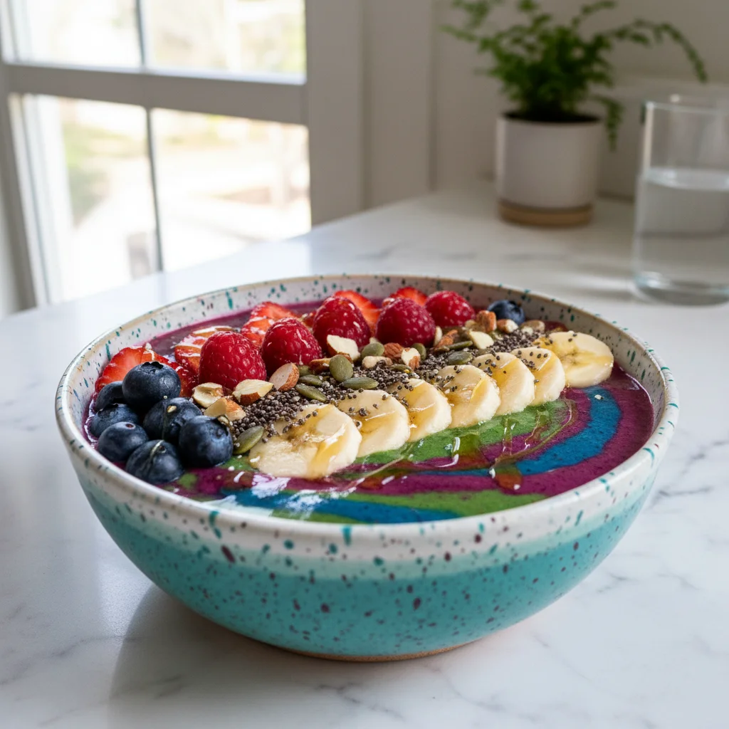 Tigela de smoothie colorida e nutritiva com frutas, sementes e nozes, ideal para recuperação pós-treino de futebol.