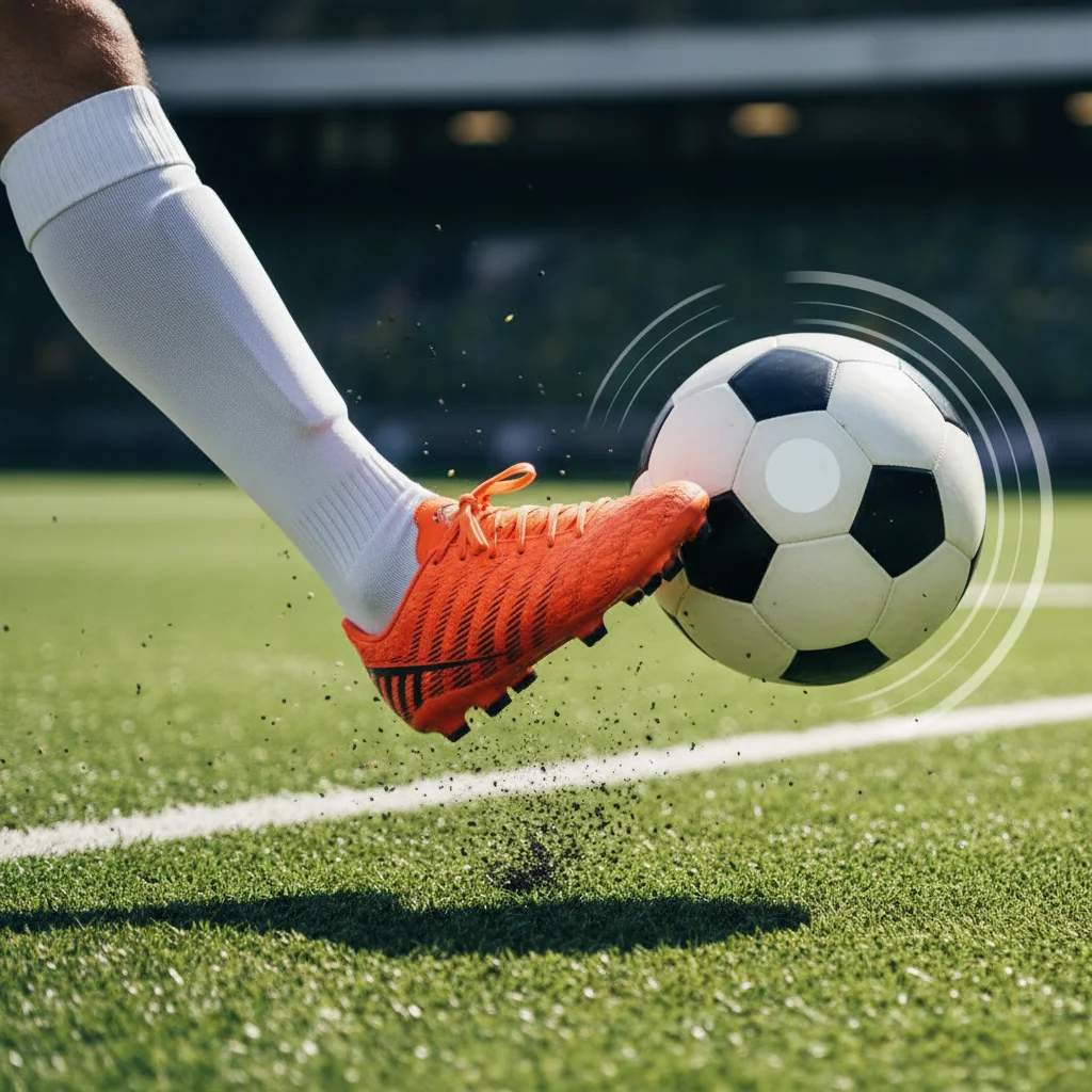 Detalhe do pé de um jogador de futebol em contato com a bola durante uma cobrança de falta, mostrando a técnica de chute.