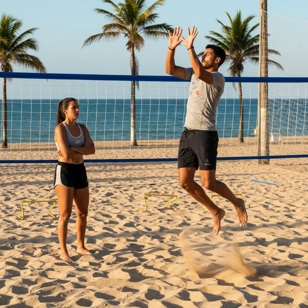 Atletas de futevôlei treinando drills de bloqueio, aprimorando a técnica de salto e posicionamento.