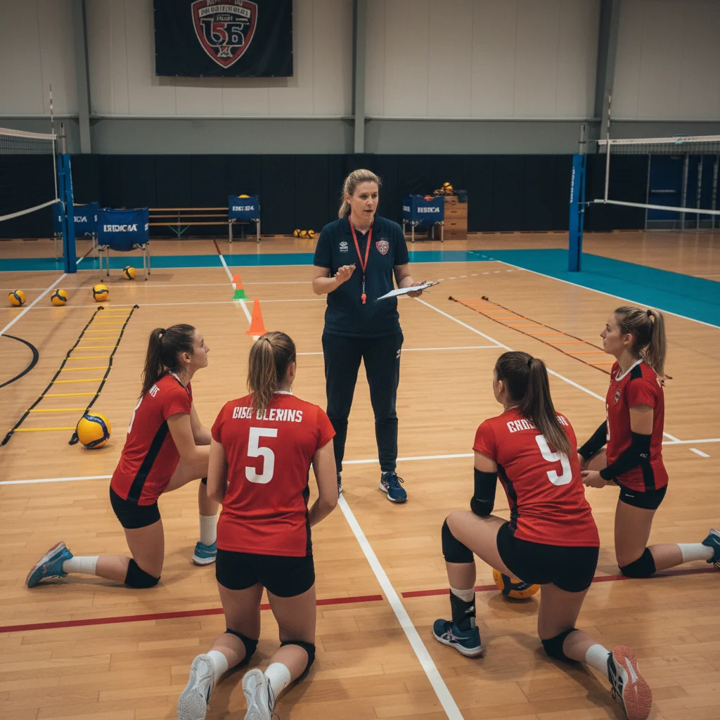 Treinador de vôlei instruindo líberos em sessão de treino