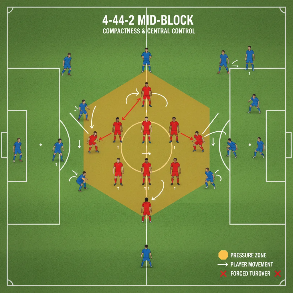 Tactical diagram of a 4-4-2 mid-block pressing system with player roles and movement indicated.