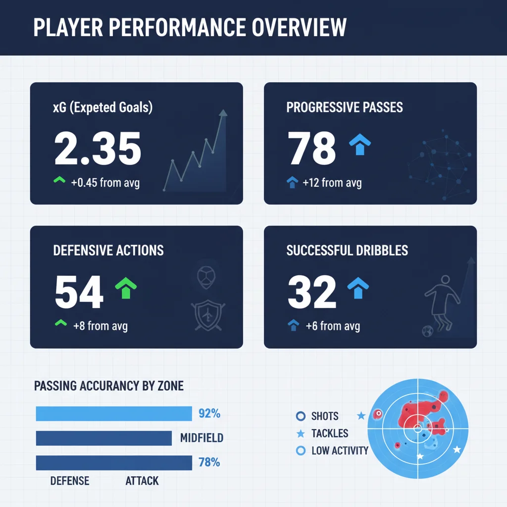 Infographic showing key soccer performance metrics and advanced player statistics.