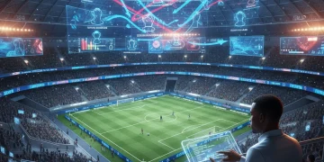 Soccer coach analyzing holographic AI tactical projections on a tablet in a futuristic stadium, 2026.