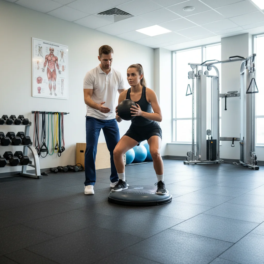 Physiotherapist assisting athlete with rehabilitation exercises, injury recovery.