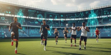 Athletes warming up with data overlay, emphasizing data-driven injury prevention.