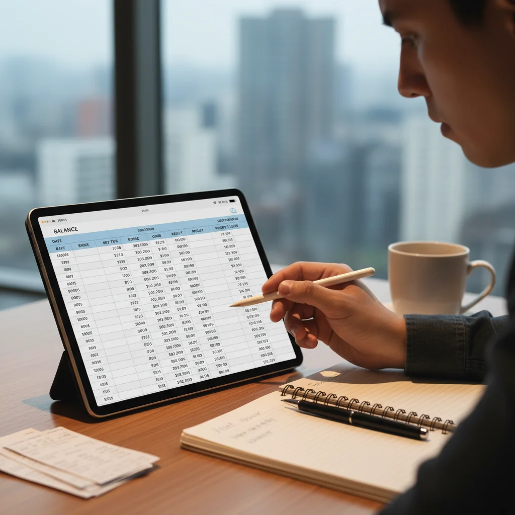 Person analyzing a bankroll management spreadsheet for sports betting