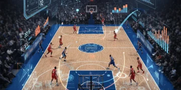 Basketball court with data overlays, symbolizing advanced analytics in sports.