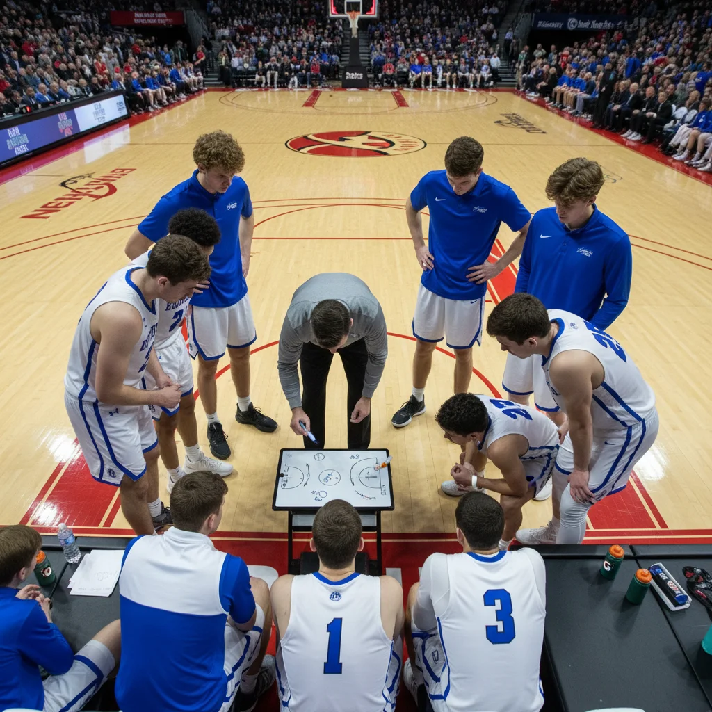 Basketball coach strategizing with players during a timeout.