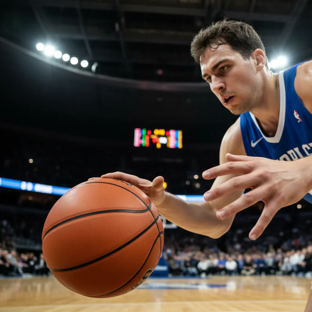 Basketball player dribbling with intense focus during a pivotal 2026 NBA game.