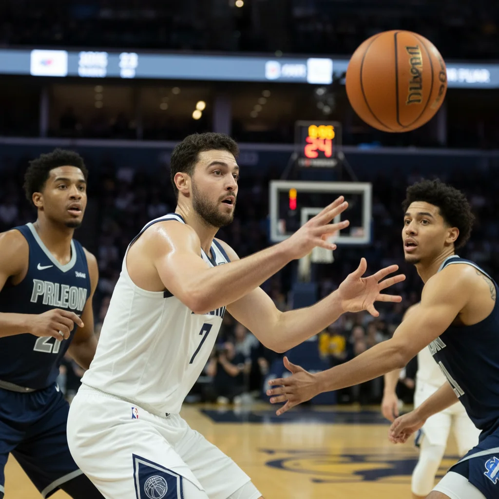 Basketball guard executing a precise no-look pass, demonstrating advanced court vision and playmaking.