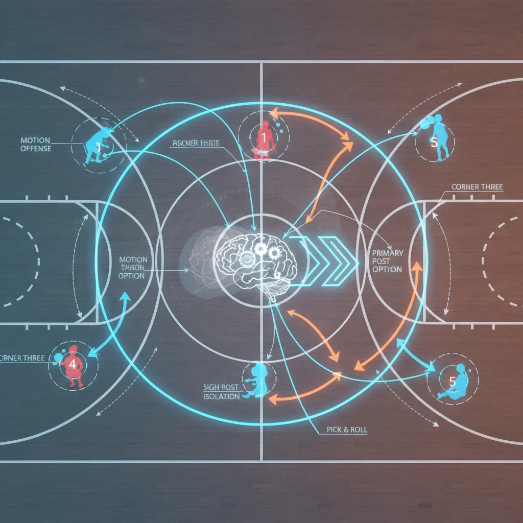 Basketball court diagram illustrating complex offensive strategies and player movement, highlighting high basketball IQ.